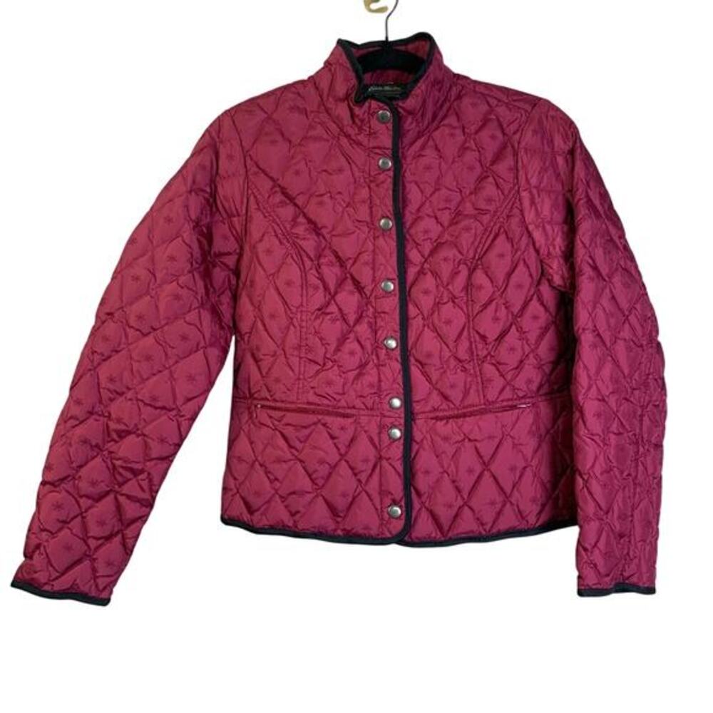 EDDIE BAUER Jacket Barn Coat‎ Goose Down Quilted Snap Closure Zip Pockets Fushia